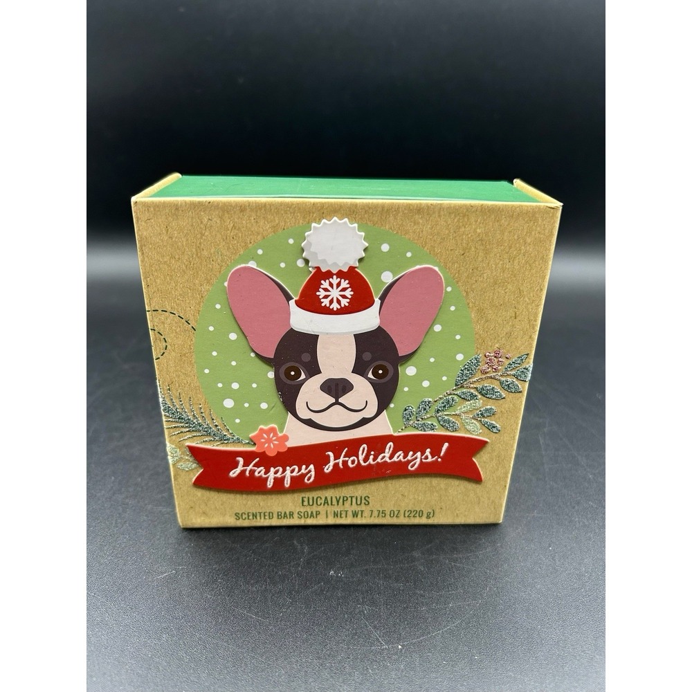 Happy Holidays Eucalyptus Scented Bar Soap 7.75 oz Kraft Box French Bulldog